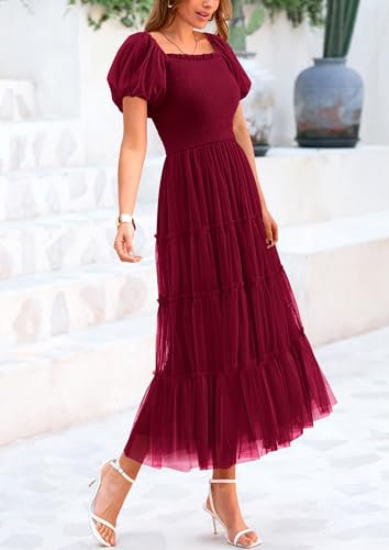 PRETTYGARDEN Women's Smocked Midi Tulle Dress 2025 Summer Puffy Short Sleeve Square Neck Ruffle Wedding Guest Party Dresses (Wine Red,Large) - Image 3