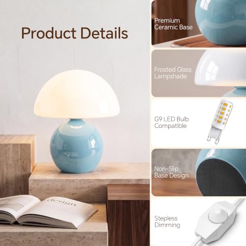 Image of Dawnwake Mushroom Lamp Table Lamp for Bedroom-Small Desk Table Lamps,Blue | 8.7 inch Mid Century Modern Table Lamps for Living Room Bedroom Decor,Cute Ceramic Lamps for Mushroom Home Room Decor,Glass Shade