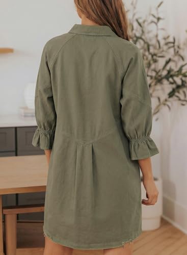Image of Sidefeel Womens Smocked 3 4 Sleeve Button Down Denim Jeans Dresses