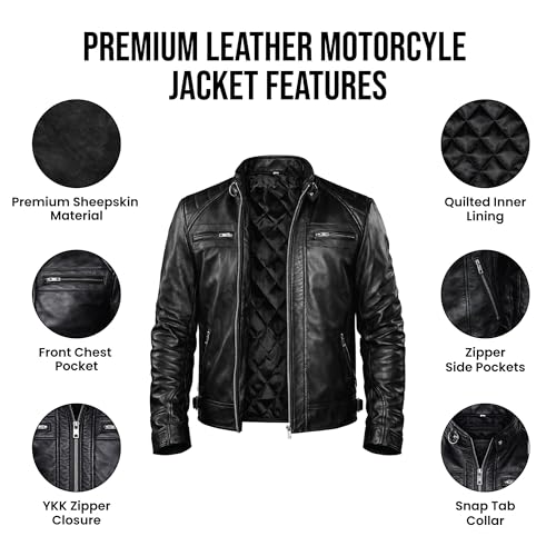 Image of TLC Mens Leather Jacket | Sheepskin Quilted Shoulders Bold Biker Cafe Racer Style Leather Jacket Men