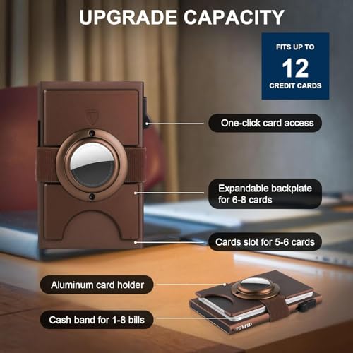 Image of TOYFID Minimalist Wallet for Men,Slim Wallet Compatible with AirTag,Card Holder Metal Wallet,Pop Up Wallet,Metal Card Holder,Quick Access Card,Rfid Blocking Protection,Hold 12+ Credit Cards (Brown)