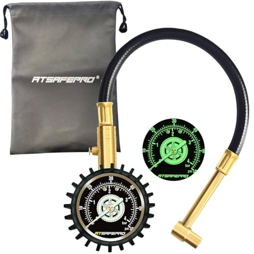 ATsafepro Jauge de pression des pneus de moto 60 PSI, manomètre mécanique avec mandrin à angle de 90 degrés, tuyau flexible, manomètre analogique pour...