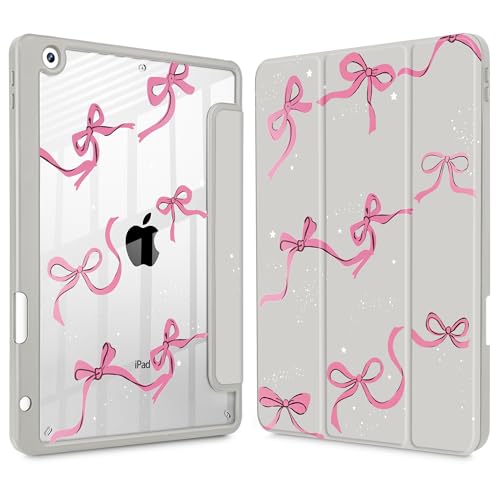 May Chen for iPad 9th Generation with Pencil Holder, iPad 8th/7th Gen Case 10.2-inch, [Penceil Holder] Trifold Stand Auto Wake/Sleep Clear TPU Protection Back Cover, Khaki Bows