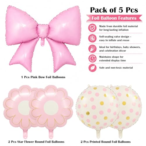 Image of Rozi Decoration Pink Bow Foil Balloon Set with Flower & Printed Round Balloons, 5 Pcs Birthday Decoration Kit for Baby Shower, Girls Party & Pastel Theme Celebration