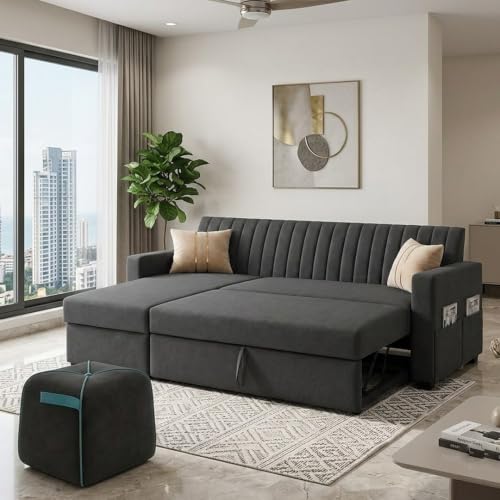 Image of CASASTYLE Kyagar 5 Seater LHS L Shape Sofa with Pull Out Bed, Storage Lounger & Suri Pouf Ottoman | Soft Velvet Suede Fabric | Comfort Cushions | Ideal for Living Room, Hotel & Office (Dark Grey)