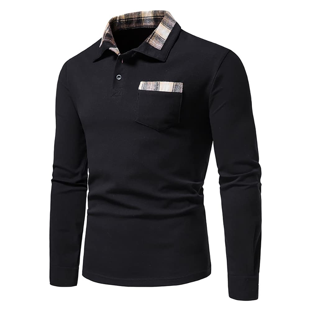 Men's Casual Polo Shirt Short/Long Sleeve Shirt Plaid Splice Collar T-Shirt(Plaid Black,XL)