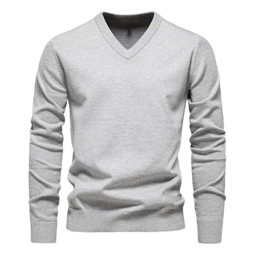 Mens V-Neck Solid Cotton Sweaters Slim Fit Long Sleeve Knitted Pullover Lightweight Soft Jumper Top