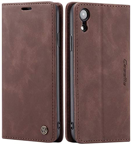 SINIANL Compatible with iPhone XR Leather Case, Folio Case with Kickstand Credit Card Holder Magnetic Closure Folding Flip Book Cover for iPhone XR - Wine Red
