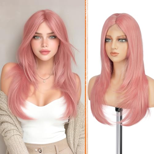 Haloo Pink Wig with Curtain Bangs - Lace Front Hairline Middle Part Long Layered Natural Looking Straight Synthetic Hair Wigs for Women Daily Party, 24 Inch