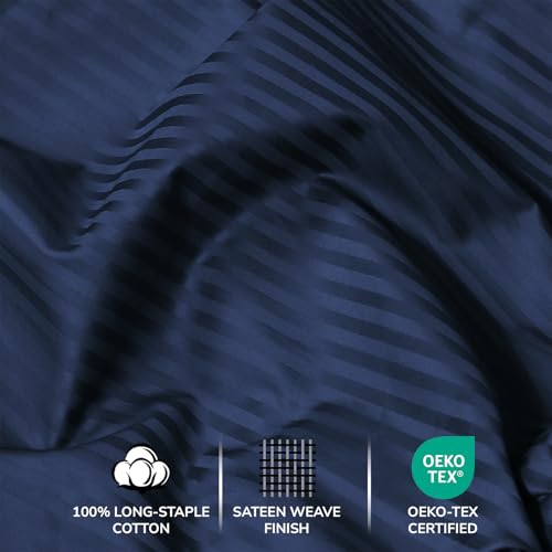 Image of Feather & Stitch 500 TC Split King Size Bed Sheet Set, 100% Cotton Soft Breathable Bedsheets, 5 Piece 18 inch Deep Pockets Sateen Weave Striped Bedding Mattress Resort Hotel Luxury - (Dark Blue Stripe)