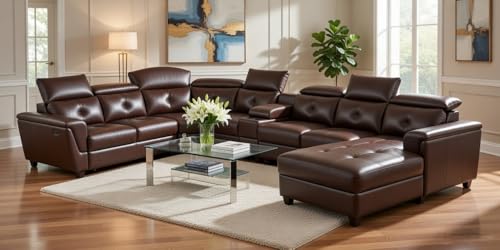 Image of Mishel 12 Seater Sofa Set for Living Room | Sectional U Shaped 12 Seater Sofa with Storage & Cupholder (Brown Leatherette, RHS)