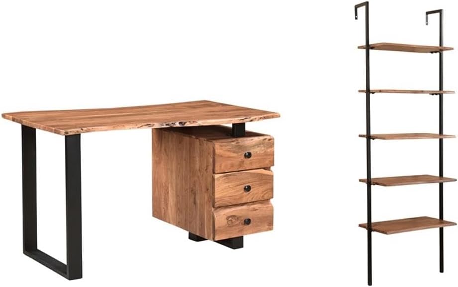 Pemberly Row Mid-Century 2-Piece Live Edge Solid Acacia Wood Desk Set, Brown Finish, Includes Desk with Drawers and Bookshelf, Metal Accents, Home Office Furniture for Storage and Organization