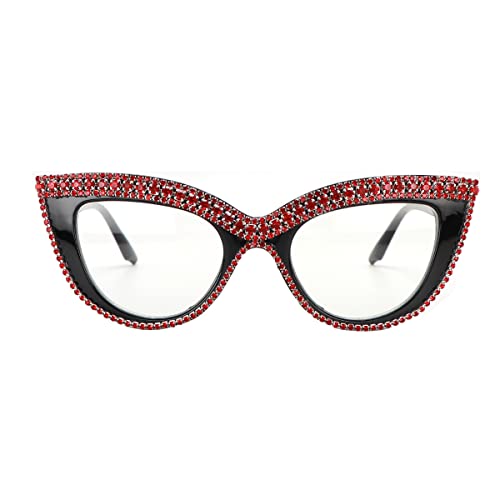 FUPRECIOUS Cat Eye Sunglasses Bling Rhinestones Crystal Black Plastic Frame Eyewear (clear red)