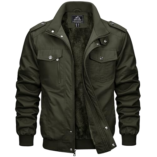 MAGCOMSEN Herren Winter Übergangsjacke Militär Cargo Jacke Warm Fleecejacke Gefüttert Herrenjacke Bomberjacke mit Multi Taschen Armeegrün L