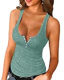 Womens Scoop Neck Henley Tank Tops Low Cut Solid Sexy Summer Sleeveless Button Down Shirts (US, Alpha, Small, Regular, Regular, Blue)