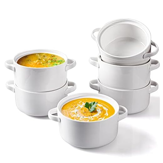 DELLING 6 Pack Soup Bowls with Handles, 24 Oz Large Serving Soup Bowl Set, Ceramic Soup Crocks for French Onion Soup, Cereal, Chilli, Stew, Microwave and Oven Safe, White