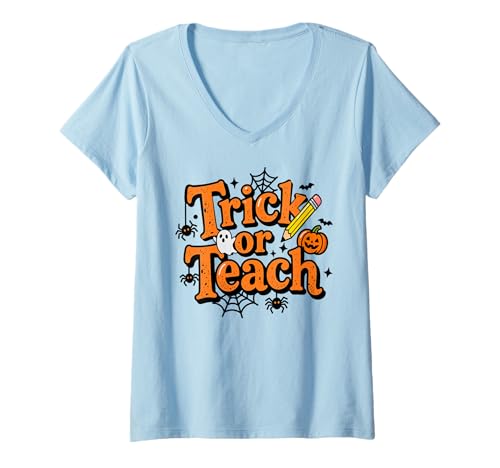 Womens Funny Trick Or Teach Tee for School Teacher Halloween Retro V-Neck T-Shirt
