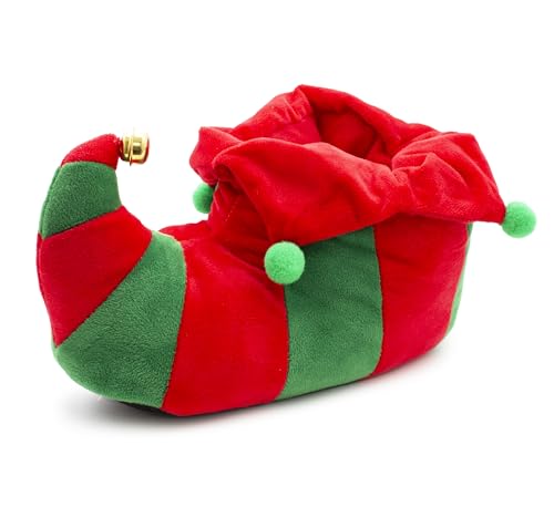 IMTY Mens Elf Christmas Slippers Jingle Bells Plush Novelty Slippers Slip On Fancy Dress Fun Festive Costume House Shoes (Red/Green 9 UK Footwear Size System Adult Men Numeric Medium 9)
