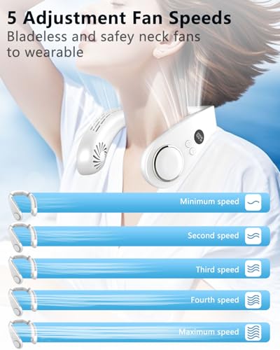 Image of Portable Neck Fan with Cooling Plate, Chargeable 5500mAh 3-15H Lasting, Personal Cooling Fan with LED Display, Wireless Hand-Free Mini Headphone Fans Festival Gifts for Kids Women Men Adults, White