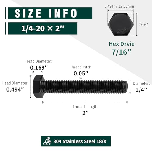 Image of 1 /4-20 x 2 Hex Head Bolts Black, 304 Stainless Steel 18-8 Hexagon Head Screws Bolts, Black Oxide Finish, Allen Hex Drive, 20 PCS