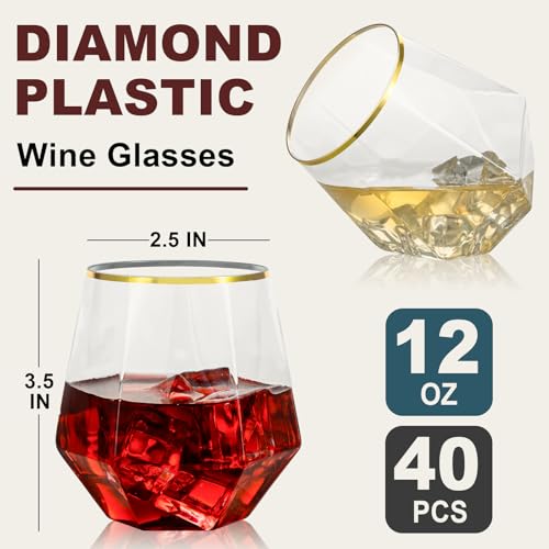 Image of Goodluck 40PCS 12oz Diamond Stemless Plastic Wine Whiskey Glasses,Gold Rim | Disposable Cocktail Glasses, Suitable for Weddings, Birthday Parties, Family Gatherings, Bars, etc