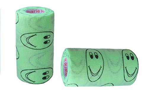 Image of Vet Wrap Wrap Tape (Green with Smiles Pattern) (2 Pack) (4 Inch x 15 feet) Self Adhesive Adherent Adhering Cohesive Flex Self Stick Bandage Grip Roll Dog Cat Pet Horse