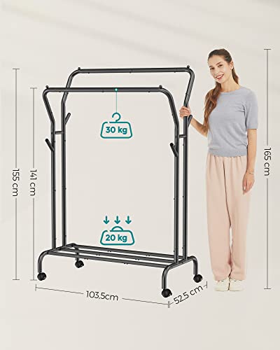 SONGMICS Kleiderständer auf Rollen, 2 Kleiderstangen, Garderobenstange, Garderobenständer aus Stahlrohren, bis 100 kg belastbar, 103,5 cm breit, multifunktionale Aufbewahrung, schwarz HSR107B01