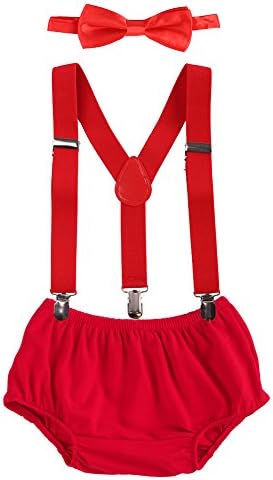 Baby Boys Cake Smash Clothes Diaper Suspenders Pants Bow Tie 3PCS Set First 1st 2nd Birthday Outfit for Photo Prop Party Red 3-24 Months