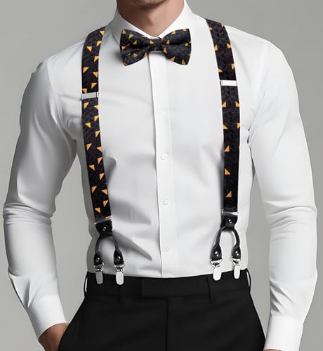 Image of Dubulle Suspender and Bow Tie for Men Paisley Solid Mens Suit Braces Pretied Bowtie and Handkerchief Cufflinks Formal Wedding