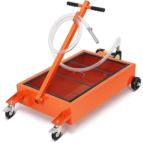 EscoSunshine 15 Gallon Low Profile Oil Drain Pan with 12V Electric Pump Large Capacity Rolling Oil Change Tank 8ft Discharge Hose & Folding Handle for Trucks Buses RVs and Cars