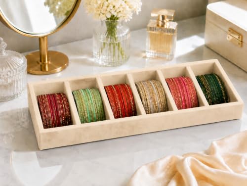 Image of La Trove 6 Slot Velvet Bangle Organizer Tray for Kada & Bracelets, Cream | Soft lined sections hold bangles, kada, bracelets, rings & chains; keeps accessories sorted in drawer, wardrobe & vanity top