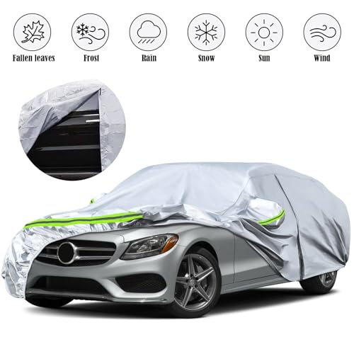 Image of Waterproof Car Covers Replace for 2008-2025 Mercedes Benz C-Class C250 C300 C350, 6 Layers Silver All Weather Car Cover with Zipper Door & Windproof Bands for Snow Rain Dust Protection
