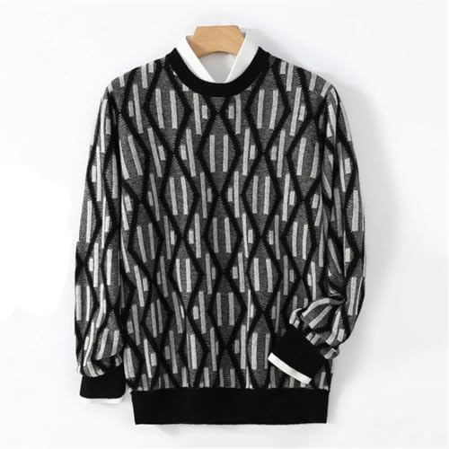 Men's Fall Winter Pure Wool Sweater Round Neck Thickened Diamond Color Matching Knitted Loose Cashmere Sweater4