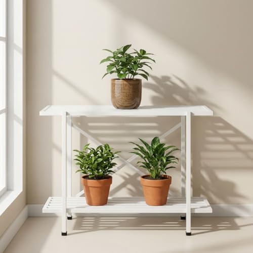 Image of ecofynd Adam Plant Stands for Outdoor Balcony, Flower Pot Stand for Indoor Plants, Large Metal Planter Stand for Living Room, home decor, Indoor & Outdoor plants, 2 Tier, (26 Inch, PS049-WHT)