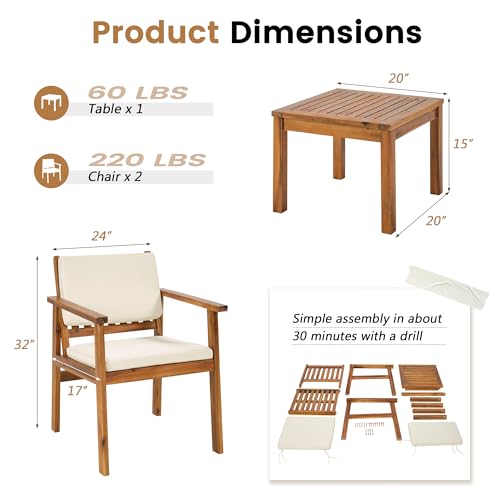 Flamaker Patio Chairs 3 Piece Acacia Wood Patio Furniture with Coffee Table & Cushions Outdoor Conversation Set Balcony Chairs for Porch, Deck, Backyard