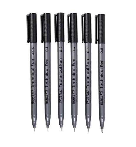 Image of BRUSTRO Technical Fineliner Pen I Black I Set of 6 - Tip Sizes - 0.05mm, 0.1mm, 0.2mm, 0.3mm, 0.5mm, 0.8mm | Ideal for Mandala, Drawing,Artist Illustration,Sketching