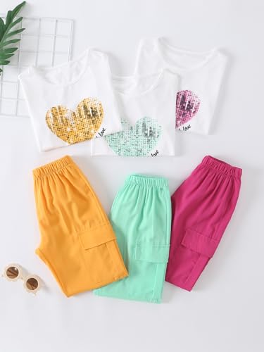Image of Girls 6 Piece Outfits Casual Cargo Jogger Pants and Basic Love Graphic Print Short Sleeve Top Set 4-12 Years