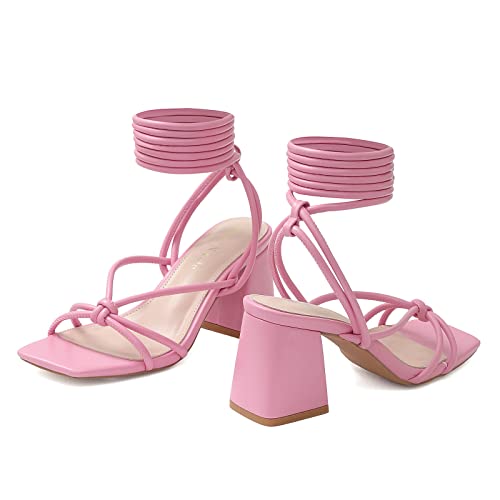 Image of Shoe'N Tale Lace Up Heels for Women Ankle Strappy Gladiator High Heeled Sandals Chunky Block Heel Square Open Toe Criss Cross Dress Shoes