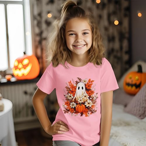 Girls Halloween Ghost T Shirt Pumpkin Floral Graphic Tee Tops Kids Spooky Season Casual Short Sleeve Shirt2