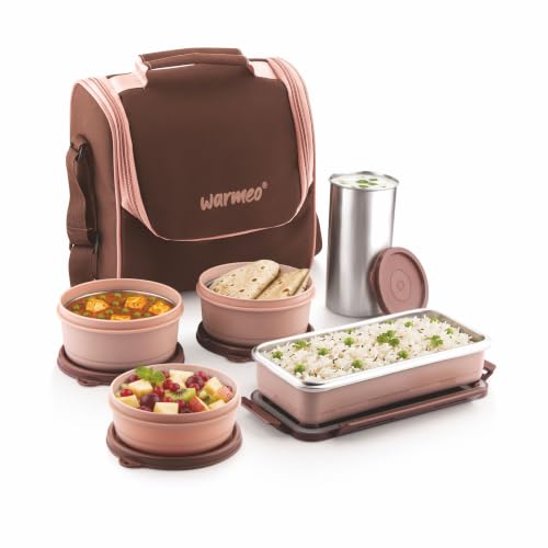 Image of WARMEO Micro Meal Microwave Safe Lunch Box | 1 Rectangular Container 600ml + 2 Round Containers 350ml Each + 1 Round Container 250ml + 1 Steel Tumbler 500ml | Office,School,Picnic,Brown