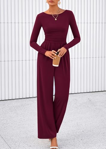 PRETTYGARDEN One Piece Jumpsuits for Women Dressy Casual Long Sleeve Crewneck Wide Leg Overalls Rompers Fall Fashion Vacation Outfits 2026 (Wine Red, L) — view 3