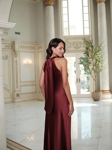 Image of Xscape Women's Floor Length Satin Halter Gown with Crisscross Neckline, Tie Back Sash and Sheath Silhouette, Wine, 6