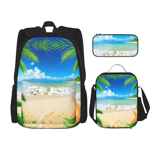 Starfish Beach Sea Palms Print 3 Piece Backpack Set, Laptop Daypack, Lightweight Bookbag Set With Lunch Bag Pencil Case