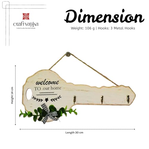 Image of CraftVatika Wooden Key Holder for Wall with 3 Hooks, Key Shape Wall Hanging Organizer Rack, Decorative Entryway Holder for Home Entrance, Wall Mounted Stand, Housewarming Gift, Home Decor Items