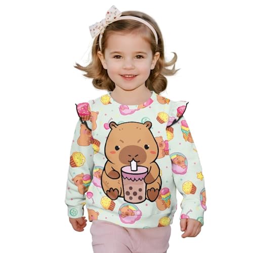 Capybara Sweatshirt Cute Crewneck Tee Tops for Toddler Girl 1Y-8Y Long Sleeve Shirt Ruffle Shoulder Fall Clothes2