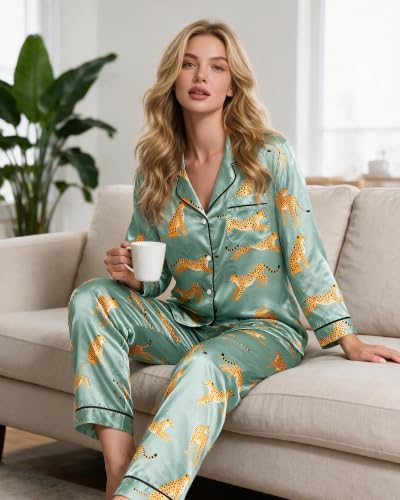 Image of Satin Pajamas for Women Set Long Sleeve Silk Pj Sets for Comfy Sleepwear with Pants Ladies Button Down Lounge Set