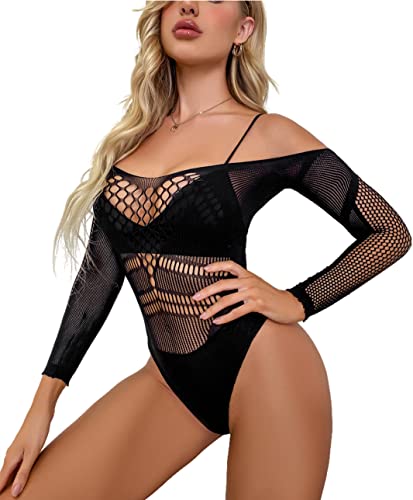 Bommi Fairy Body sexy de malla de manga larga para mujer, con cuello redondo, elegante, Negro-4., Talla única Cover