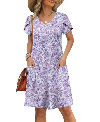 Image of OFEEFAN Womens Summer Dresses 2026 Tulip Petal Short Sleeve V Neck Loose Swing Sundresses with Pockets Plain /Print