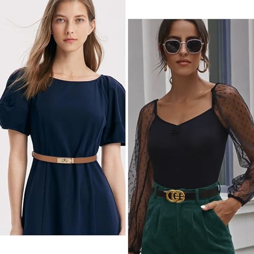 Image of Aurolran Women's Fashion Classic Metal Buckle Leather Belt with Jeans Dress