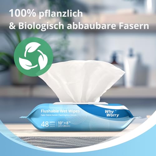 WhyWorry Feuchtes Toilettenpapier Spülbar, 20x25 cm Extra Groß Feuchttücher Toilette mit Kamille & Vitamin E, Reinigungstücher für Erwachsen, 100% Pflanzlich, Wiederverschließbar, Meer, 144 Stück